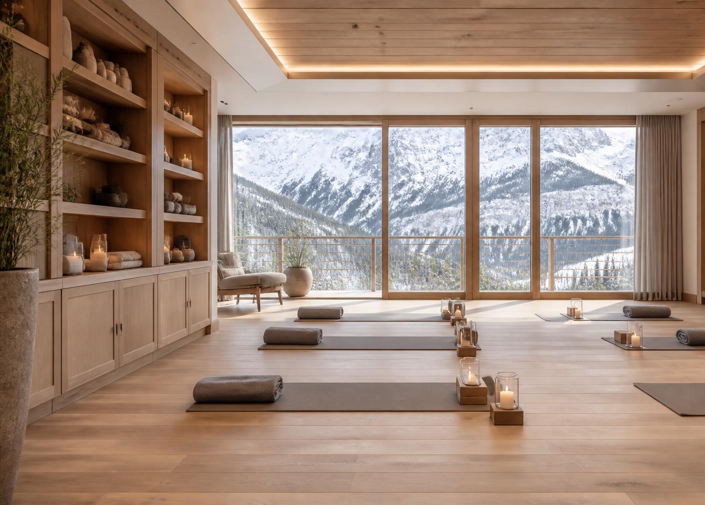 Yogaraum in einem alpinen Luxushotel mit Panoramablick auf verschneite Berge